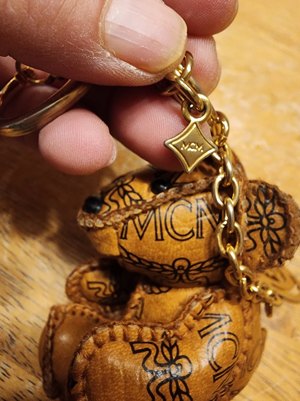 MCM Cognac Brown Leather Bear Keychain with Gold Hardware